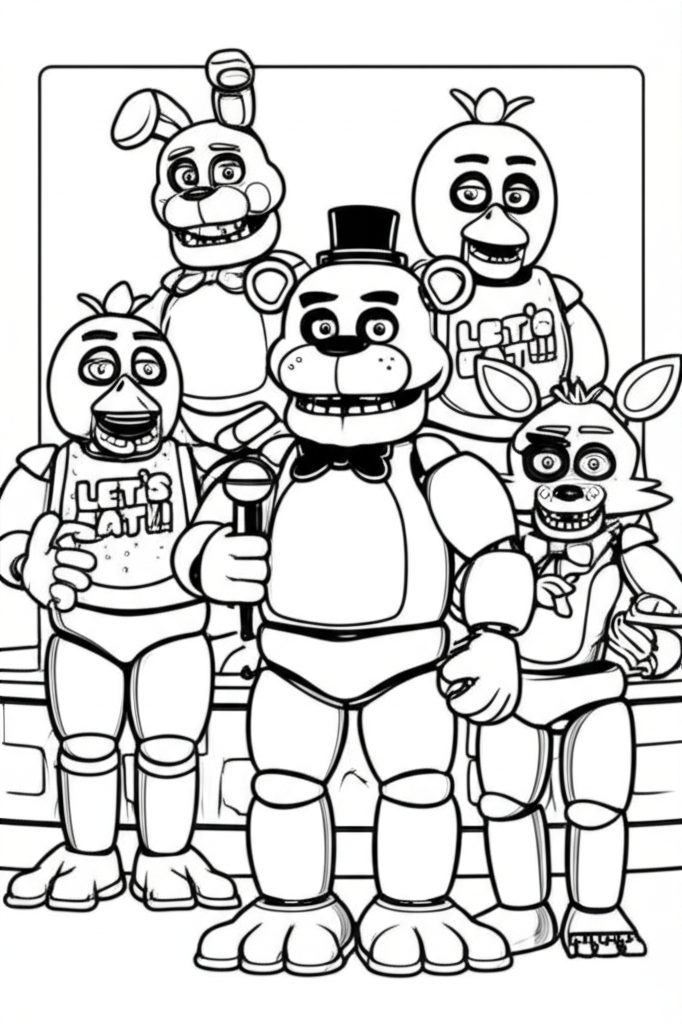 Black-and-white line art of Five Nights at Freddy's characters Freddy Fazbear, Bonnie, Chica, and Foxy in a playful yet eerie pizzeria setting