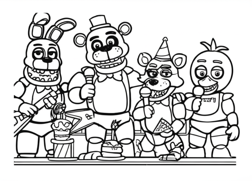 Coloring page featuring Freddy Fazbear, Bonnie, Chica, and Foxy in a playful cartoon style