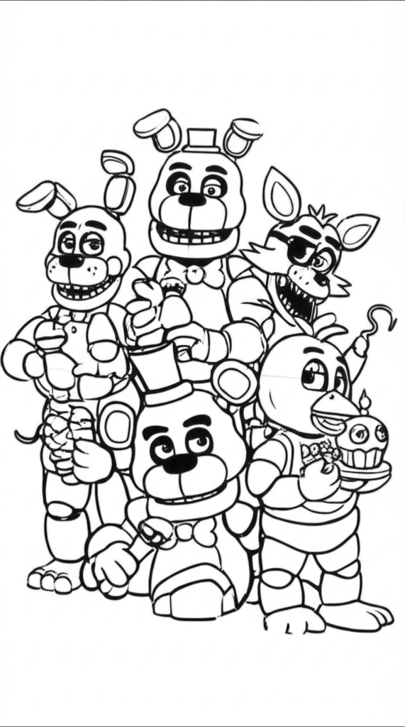 Black-and-white line art of Freddy Fazbear, Bonnie, Chica, and Foxy for coloring