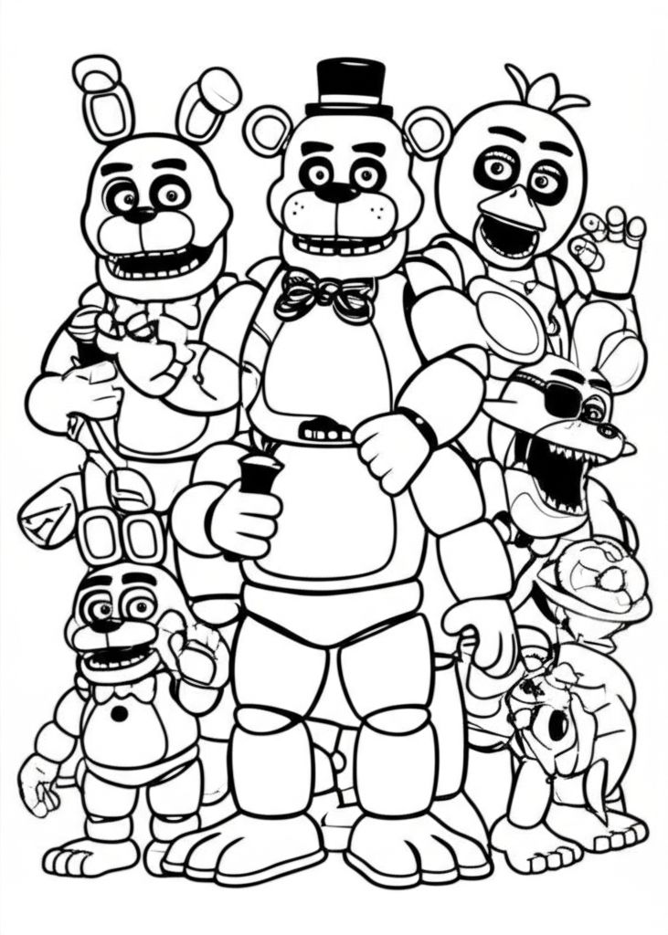 Black-and-white line art of Five Nights at Freddy's animatronics including Freddy Fazbear, Bonnie, Chica, and Foxy in dynamic poses, perfect for coloring