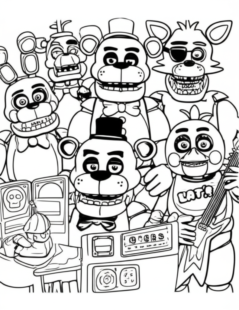 Black-and-white Five Nights at Freddy's coloring page featuring Freddy Fazbear, Bonnie, Chica, Foxy, and pizzeria details