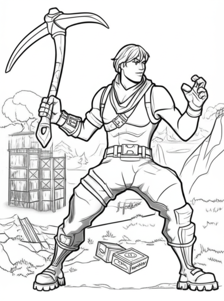 Black and white Fortnite character in mid-action holding a pickaxe on a battlefield with loot and a fort