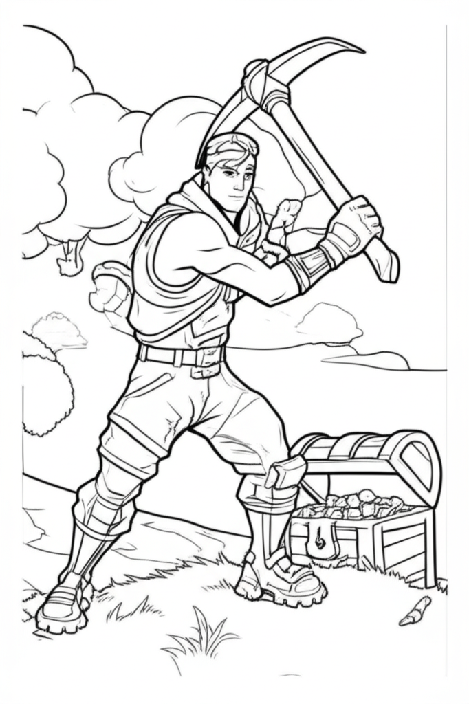 Black and white coloring page of a Fortnite character in action holding a pickaxe, standing on a hill with a storm cloud and loot chest