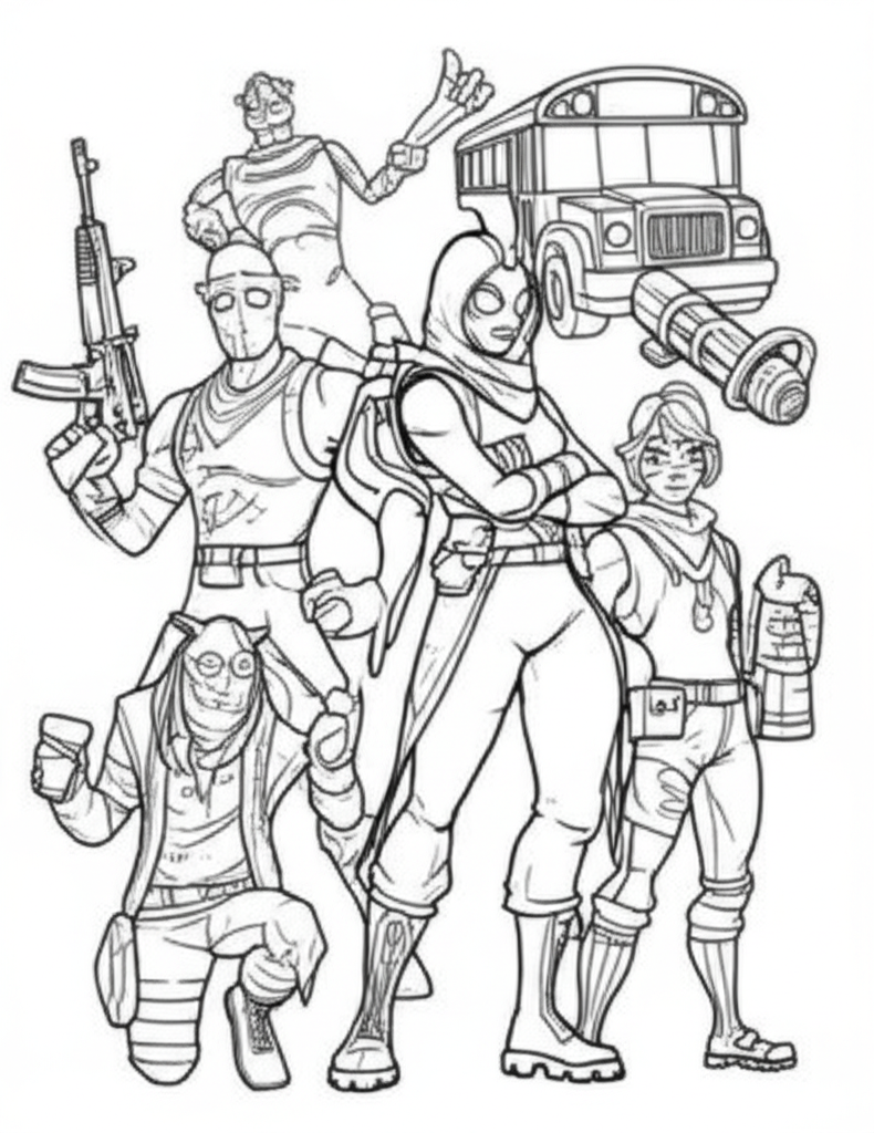 Black-and-white Fortnite-themed coloring sheet featuring the Battle Bus, Peely, Jonesy, Lynx, SCAR, and Rocket Launcher