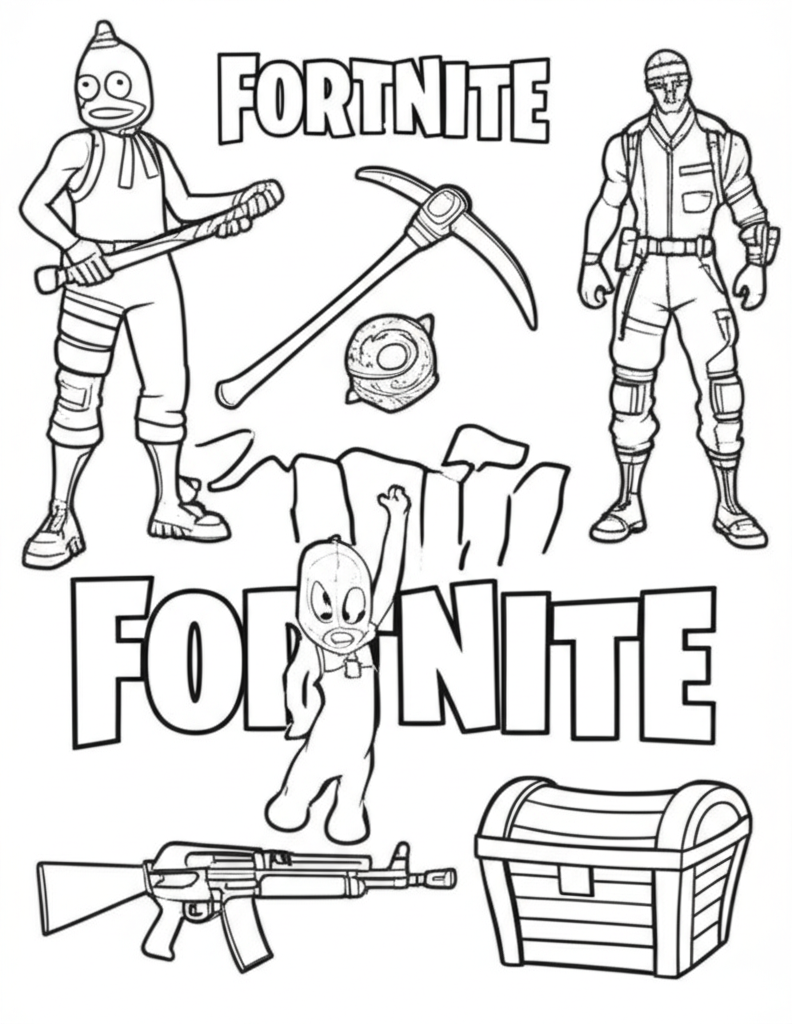 Black and white Fortnite coloring page featuring Peely, Fishstick, default skins, pickaxe, guns, loot chest, and Battle Bus