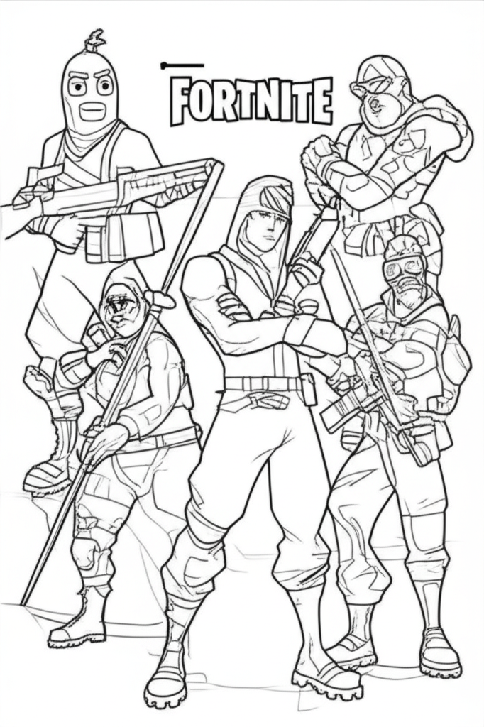 Black-and-white Fortnite coloring page featuring Peely, Jonesy, the Battle Bus, and weapons with clear outlines