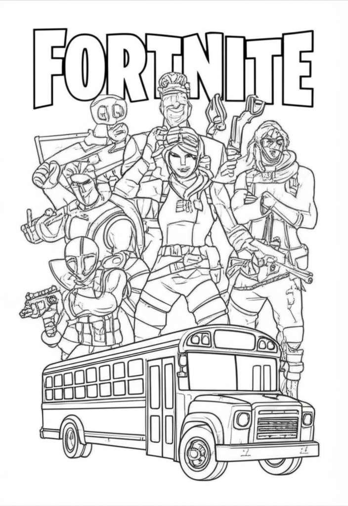 Black-and-white Fortnite coloring page featuring characters, weapons, and the Battle Bus
