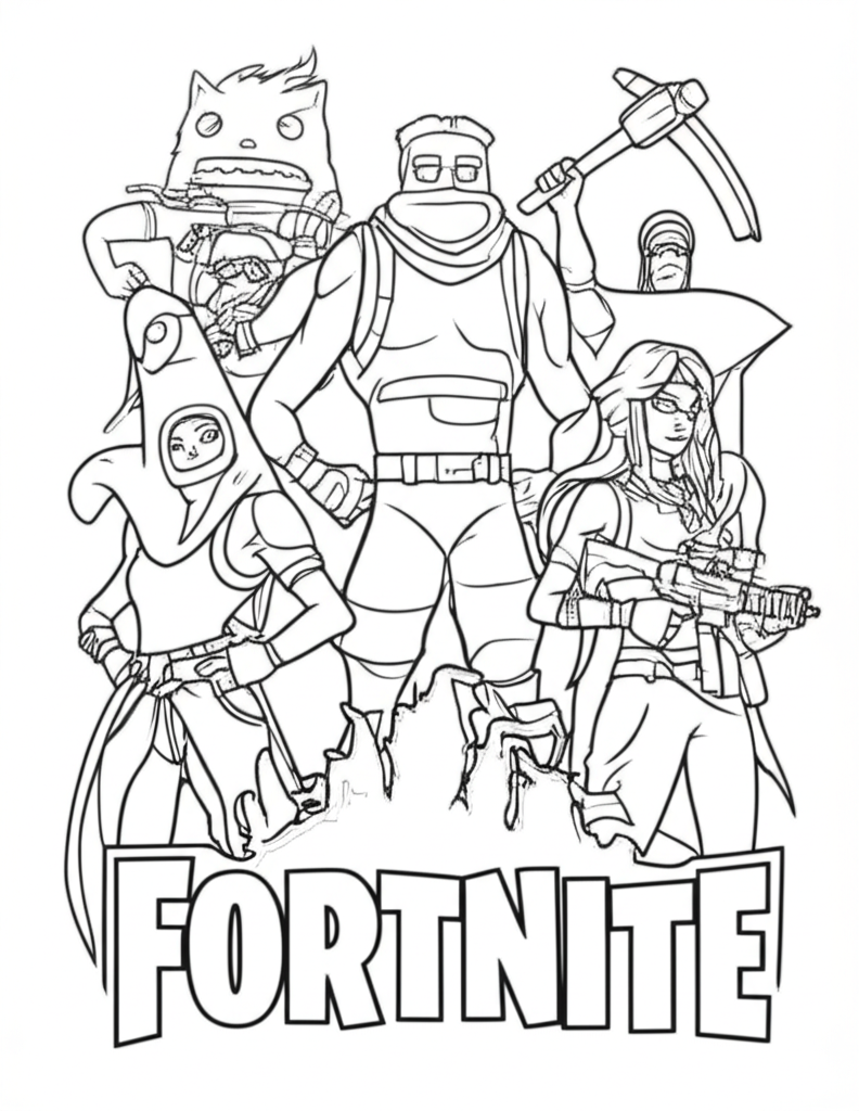 Black-and-white Fortnite coloring page featuring Peely, Jonesy, pickaxes, rifles, and the Battle Bus