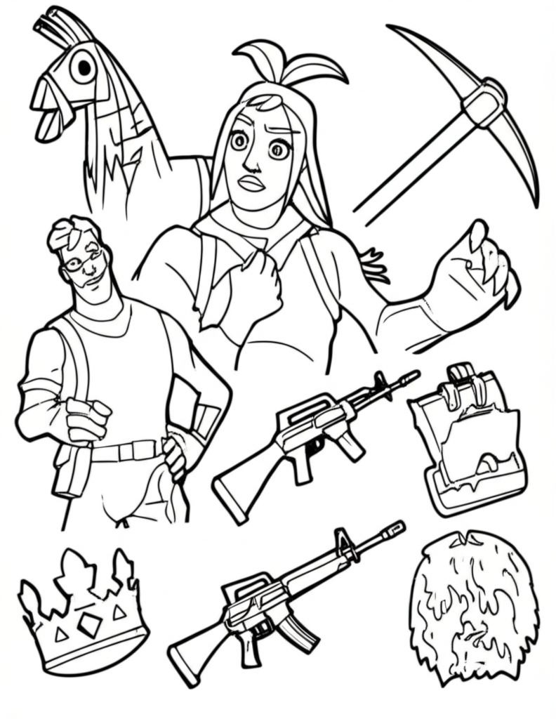 Black-and-white Fortnite-themed coloring page with Peely, Jonesy, SCAR, Pickaxe, and Battle Bus outlines