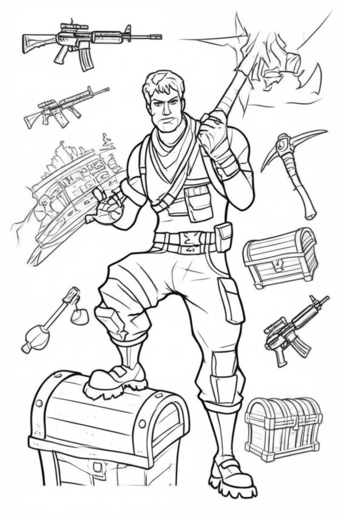 Black-and-white line art of a stylized Fortnite character in action, building structures, with Battle Bus and loot chests for coloring