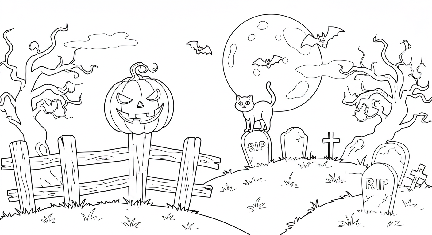 Black and white Halloween coloring page featuring a grinning jack-o'-lantern, a black cat, bats, and tombstones for kids