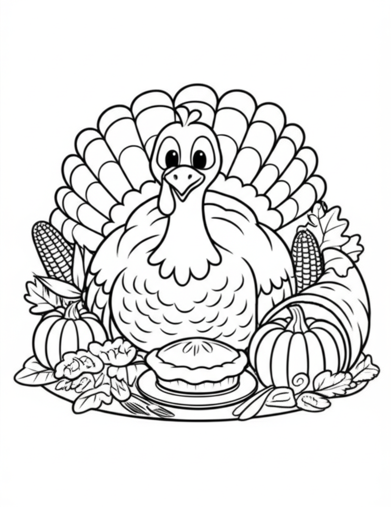 Black and white coloring page of a friendly Thanksgiving turkey surrounded by pumpkins, cornucopia, autumn leaves, and a simple table setting