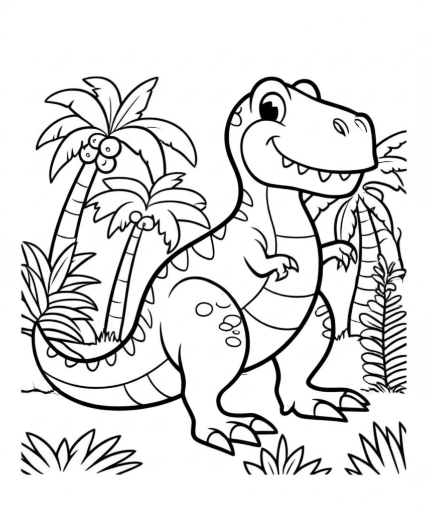 A happy cartoon Tyrannosaurus Rex standing in a prehistoric jungle with ferns and palm trees, black and white line art for coloring