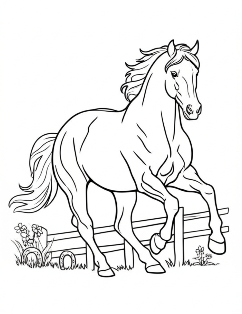 Black-and-white outline of a galloping horse with a fence, horseshoes, and wildflowers for coloring