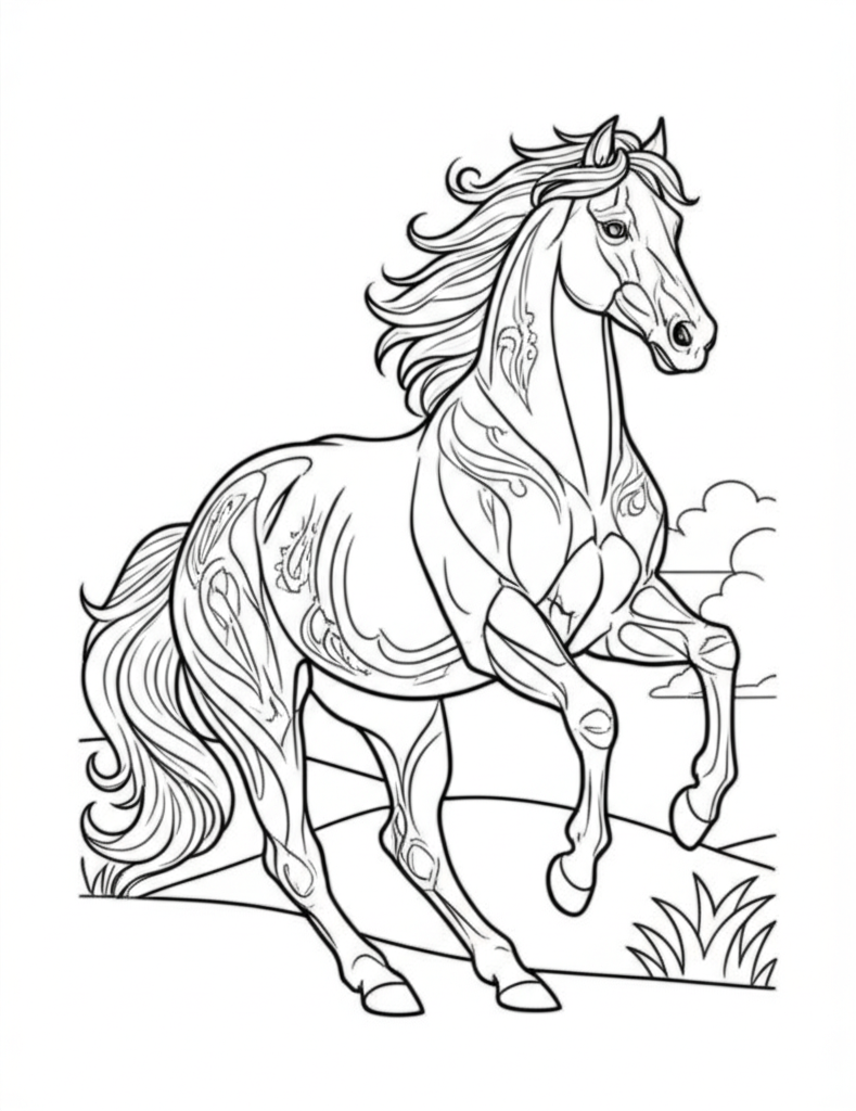Line art of a galloping horse with a flowing mane and tail, surrounded by a simple natural background and tribal motifs, ideal for coloring