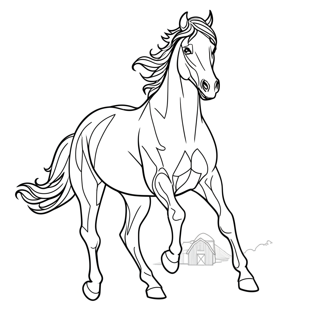 Black and white outline of a galloping wild horse with a meadow and barn for coloring