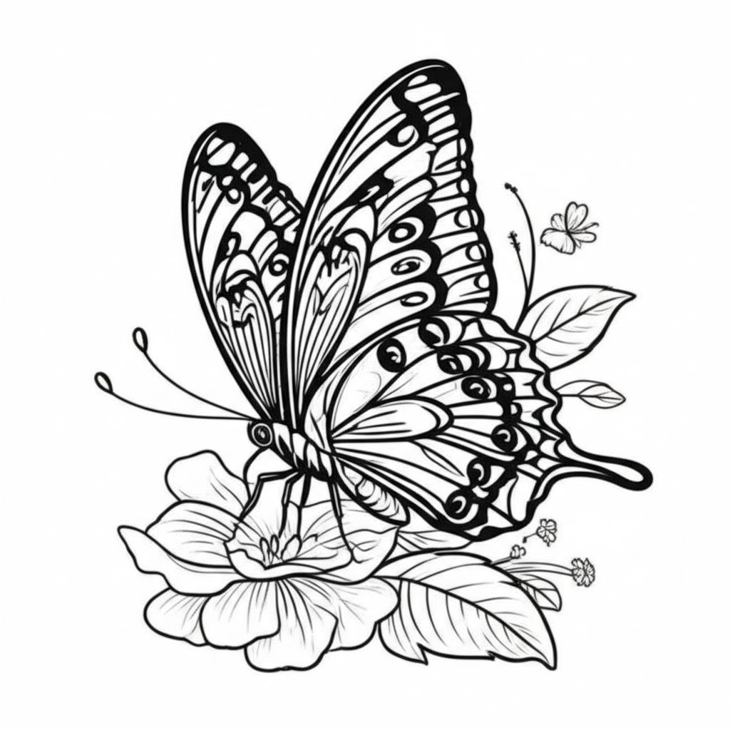 Black and white coloring page of a graceful butterfly with detailed wing patterns perched on a flower, surrounded by leaves and blossoms.