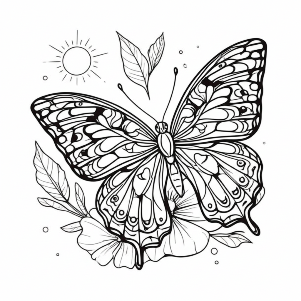 Black and white coloring page of a detailed butterfly with intricate wing patterns sitting on a flower with leaves and a small sun
