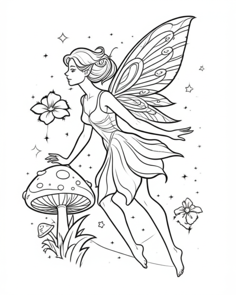 Line art coloring page of a graceful fairy with intricate wings flying near a glowing mushroom in a magical forest, surrounded by tiny stars and simple flowers