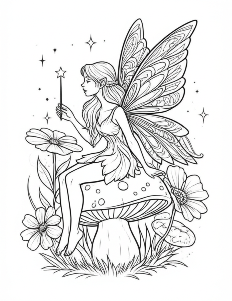 Black and white coloring page of a detailed fairy sitting on a mushroom surrounded by stars and flowers