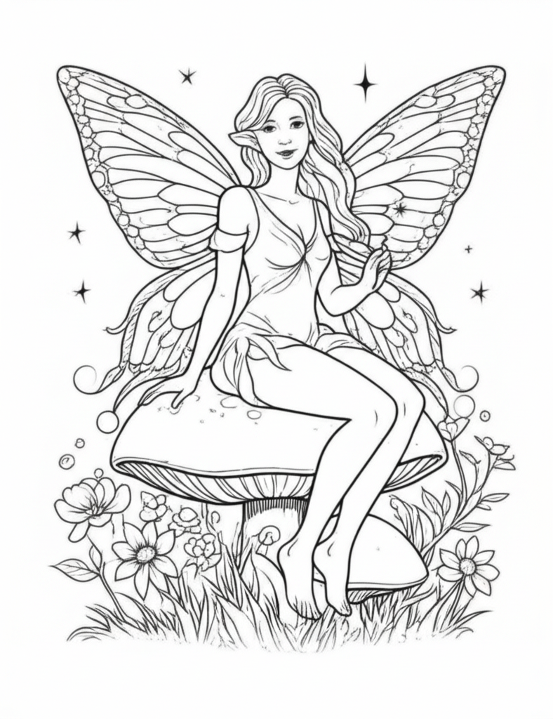 Black and white line art of a graceful fairy sitting on a large mushroom in a magical forest with twinkling stars and delicate flowers
