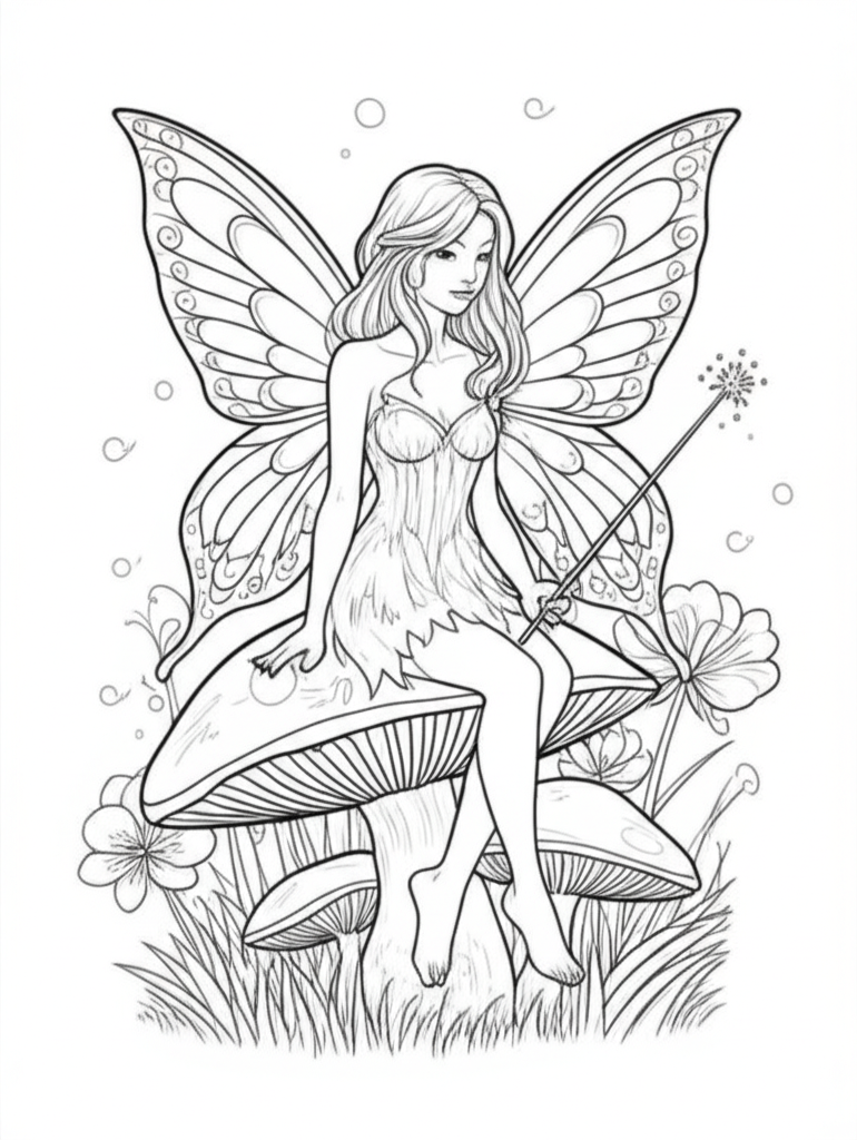 Black and white line art of a graceful fairy sitting on a large mushroom surrounded by glowing fireflies in a magical forest