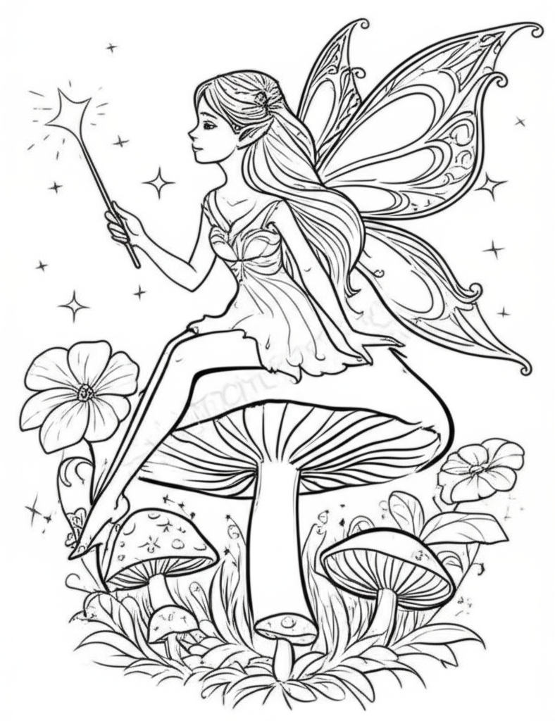 Line art coloring page of a graceful fairy sitting on a large mushroom in a magical forest, surrounded by glowing stars and simple flowers