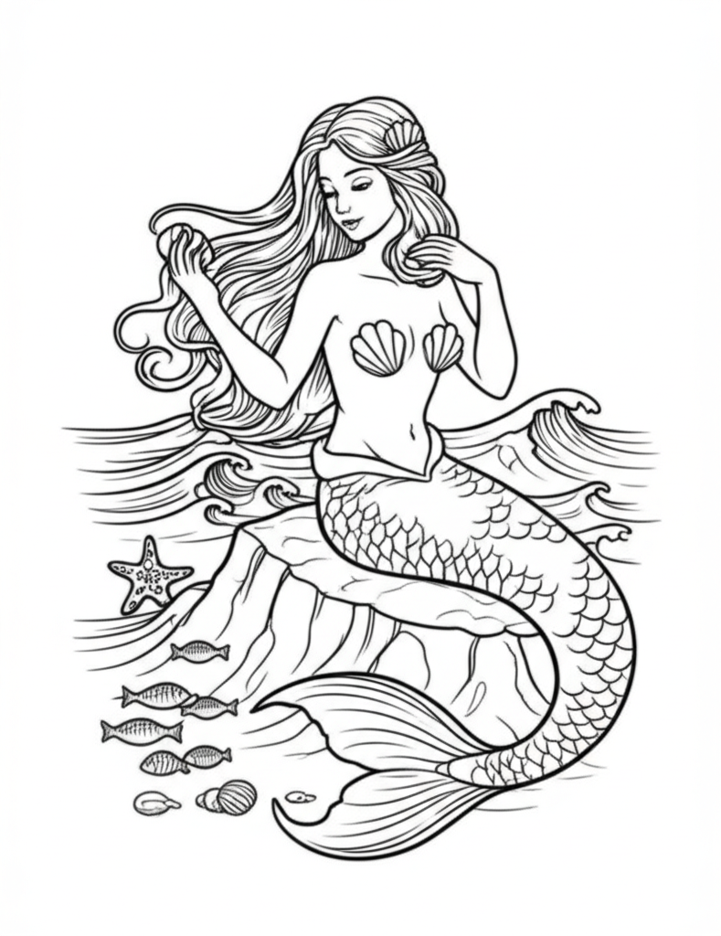Black and white line art illustration of a serene mermaid sitting on a rock by the ocean, combing her long flowing hair with a seashell comb, surrounded by waves, starfish, and fish