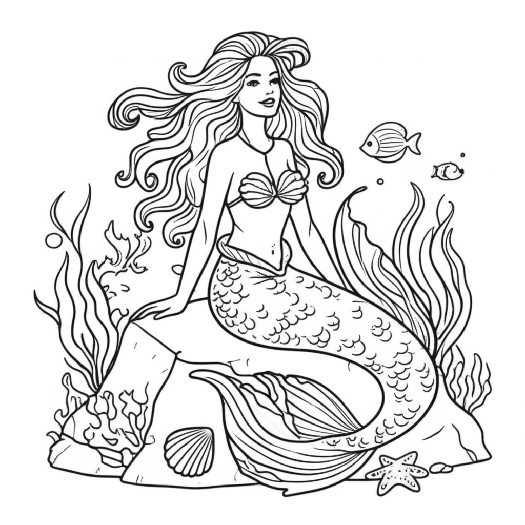 Line art of a graceful mermaid with flowing hair and intricate scales on her tail, sitting on a rock surrounded by seashells, starfish, coral reefs, and small fish