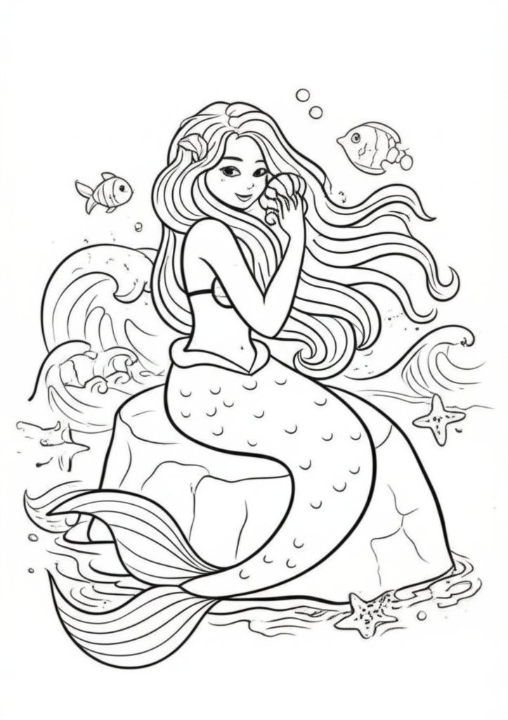 Line art of a serene mermaid sitting on a rock, combing her flowing hair with a seashell comb, surrounded by gentle waves, starfish, and small fish