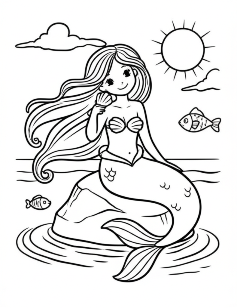 Simple cartoon coloring page of a graceful mermaid sitting on a rock combing her long hair with a seashell, surrounded by waves and fish