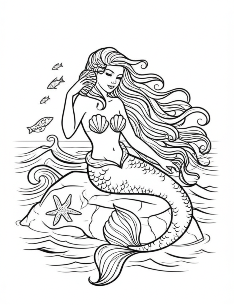Black and white line art of a mermaid combing her long hair with a seashell while sitting on a rock surrounded by ocean waves, fish, and a starfish