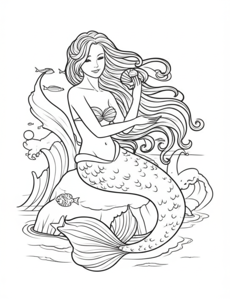 Black and white line art of a graceful mermaid sitting on a rock combing her long flowing hair with a seashell comb, surrounded by gentle waves, small fish, and a starfish