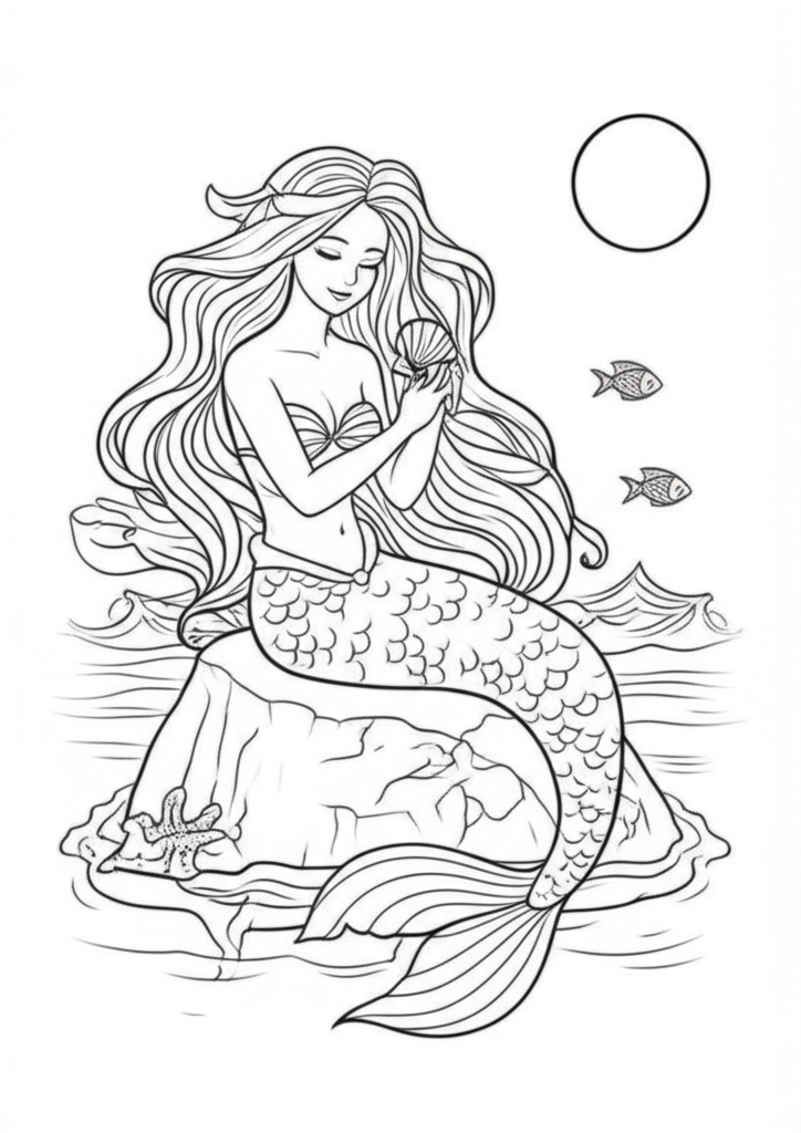 Black and white line art of a graceful mermaid sitting on a rock by the ocean, combing her long flowing hair with a seashell comb, surrounded by gentle waves, small fish, and a starfish