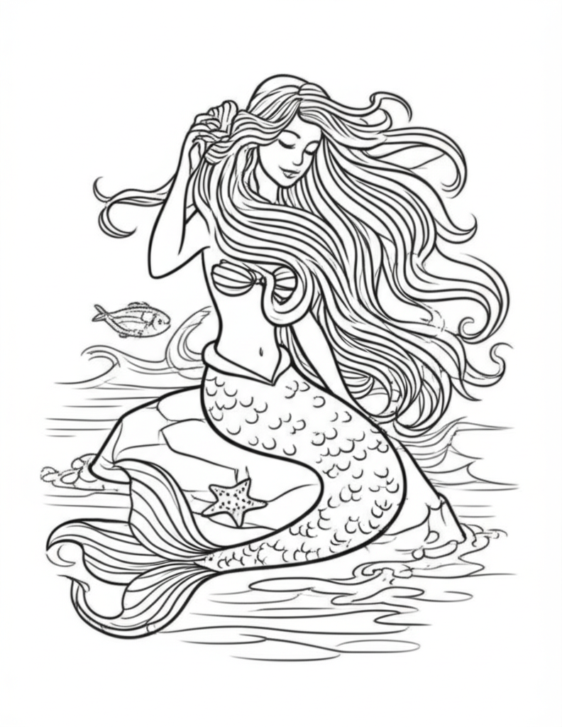 Black and white line art of a mermaid combing her hair with a seashell comb on a rock by the ocean