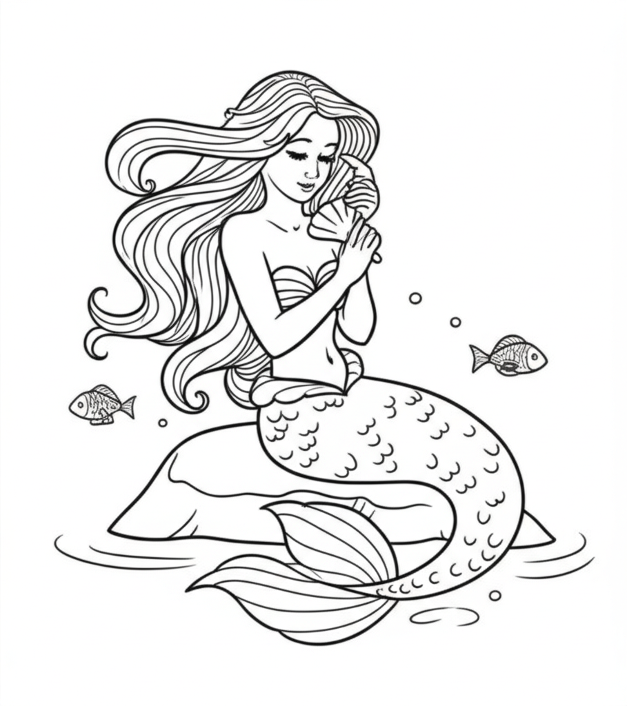 Illustration of a graceful mermaid sitting on a rock by the ocean, combing her long flowing hair with a seashell comb, surrounded by gentle waves and small fish