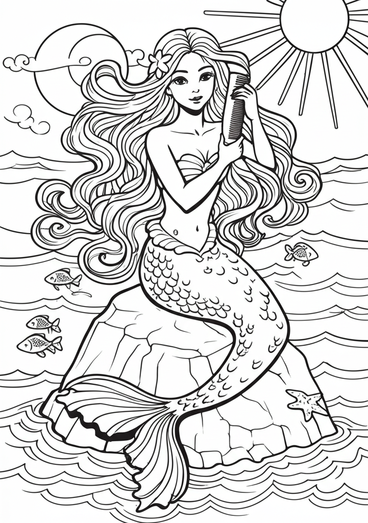 Black and white line art of a graceful mermaid sitting on a rock by the ocean, combing her long flowing hair with a seashell, surrounded by gentle waves, small fish, and a starfish