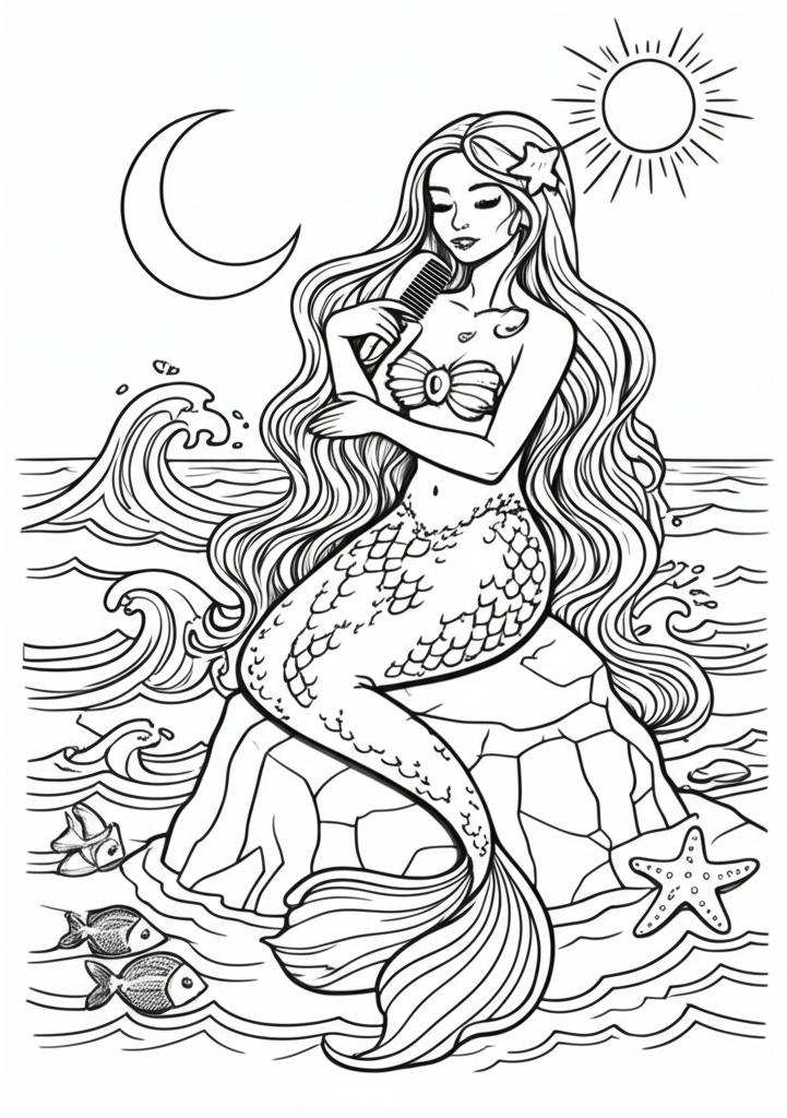 Black and white line art of a mermaid sitting on a rock combing her flowing hair with a seashell, surrounded by ocean waves, fish, and a starfish