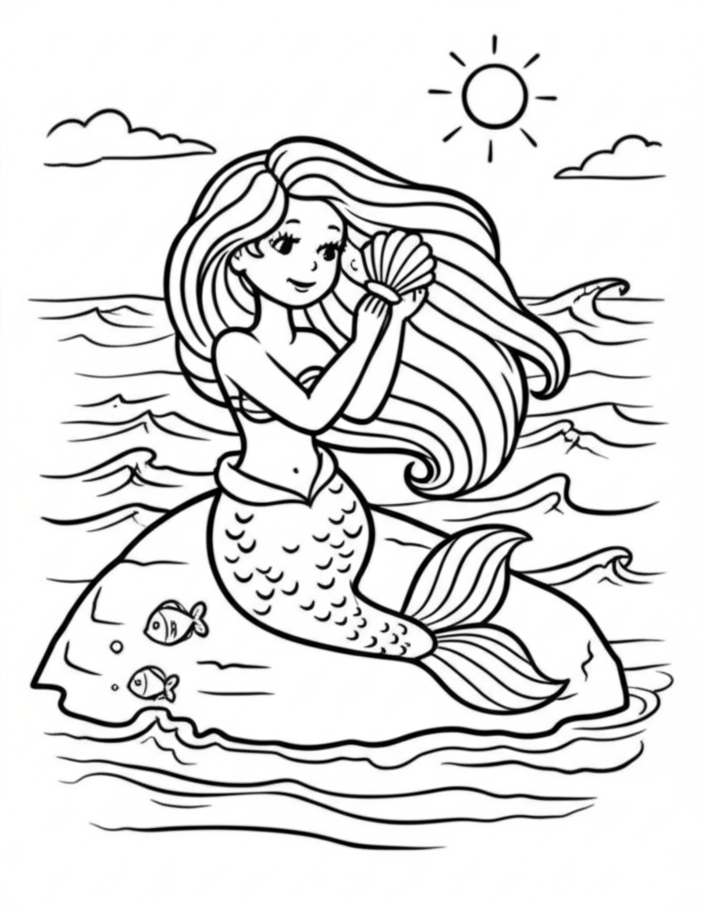 A friendly cartoon mermaid sitting on rocks, combing her long hair with a seashell while fish swim nearby