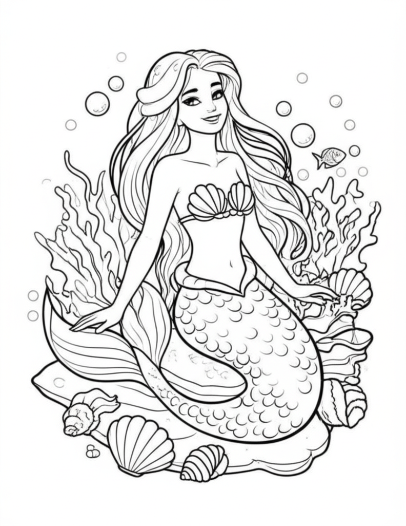 A detailed outline of a graceful mermaid with flowing hair, intricate scales, and underwater elements like seashells, coral, and fish for coloring