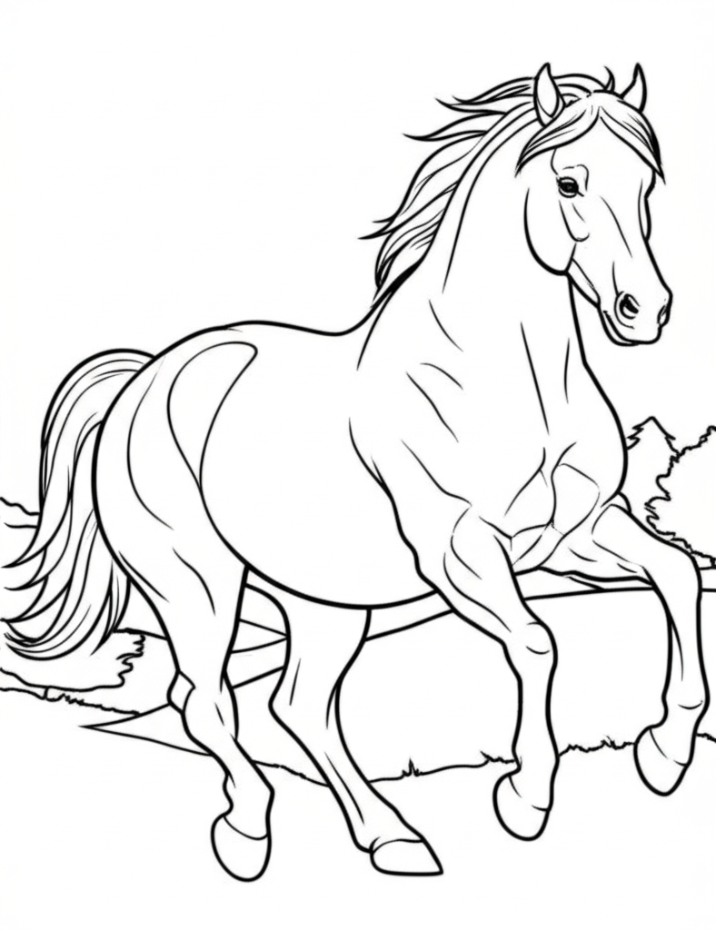 Black-and-white line art of a graceful running horse with simple natural background for coloring