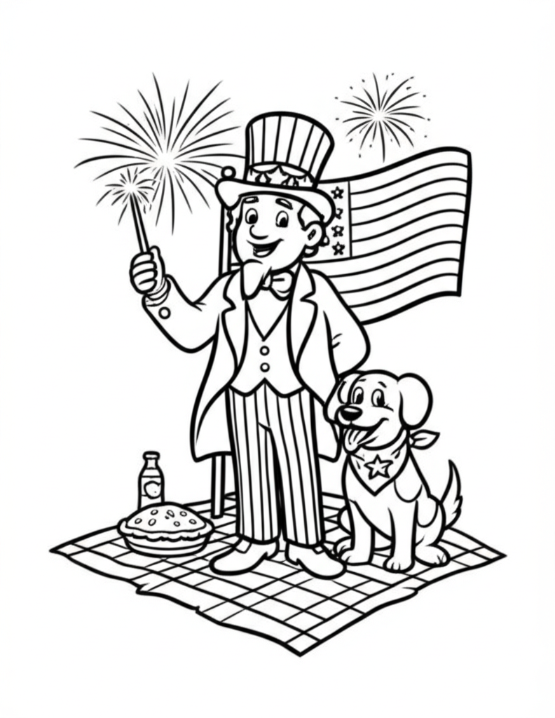 Black and white cartoon coloring page of a festive 4th of July scene featuring Uncle Sam holding a sparkler, an American flag, simple fireworks, a picnic blanket with pie and soda, and a happy dog wearing a bandana