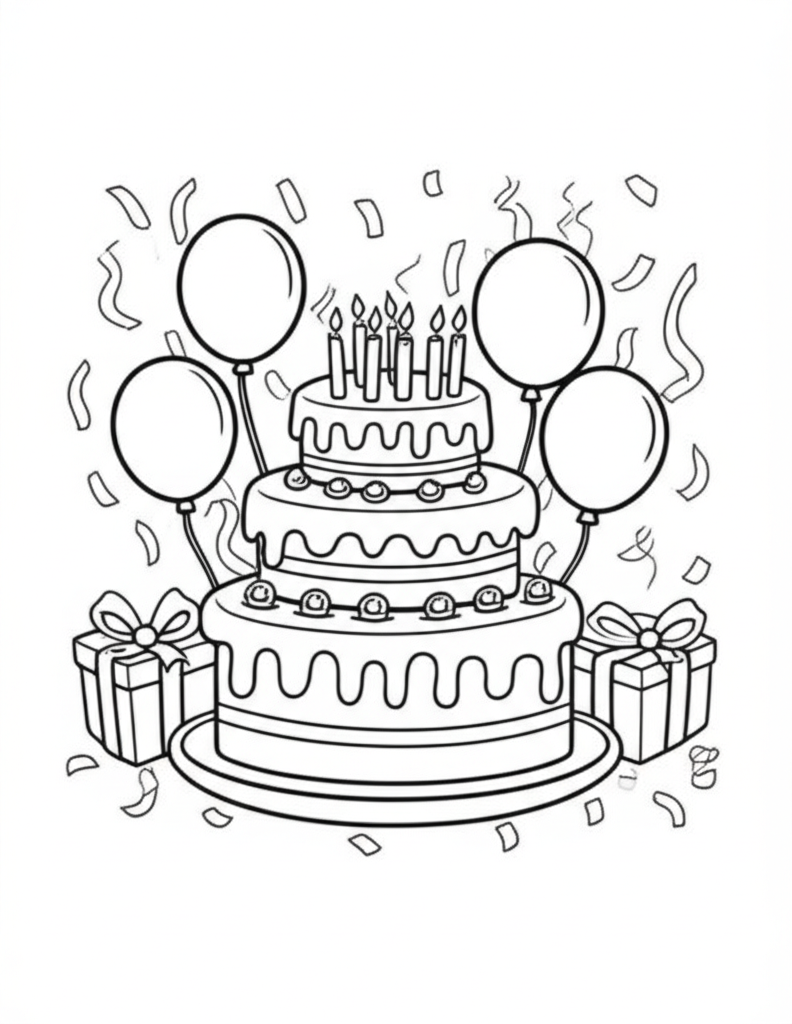 A fun and festive Happy Birthday coloring page featuring a decorative multi-tiered cake, balloons, presents, and confetti for kids to color