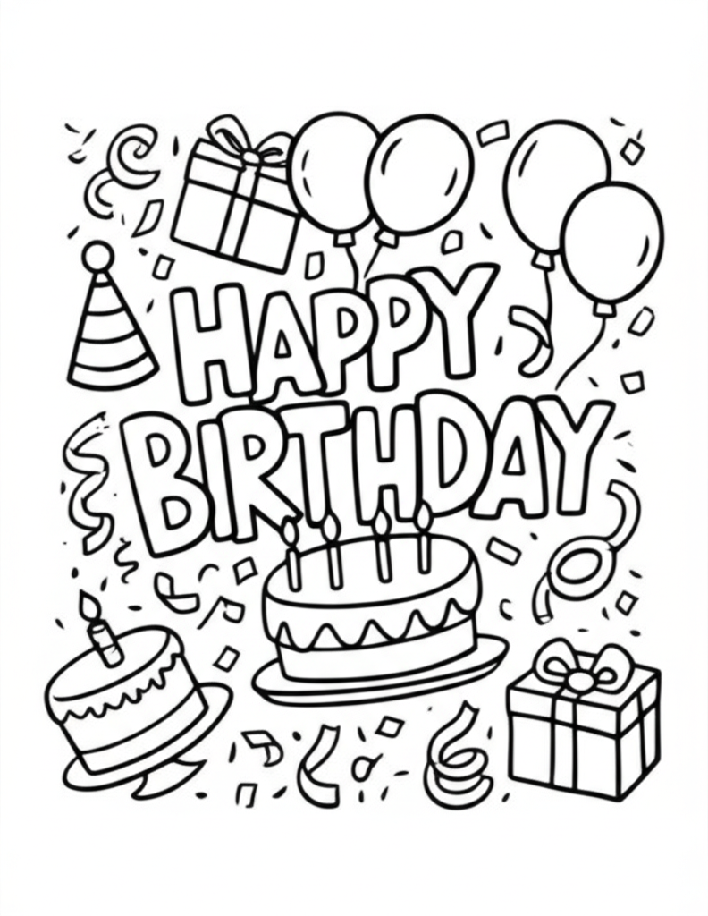 Black-and-white line art coloring page featuring a birthday cake, balloons, presents, party hats, and confetti for kids to color