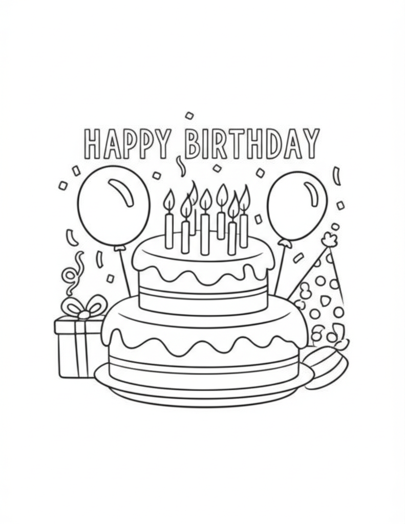 Black-and-white line art coloring page featuring a birthday cake, candles, balloons, and confetti for kids to color