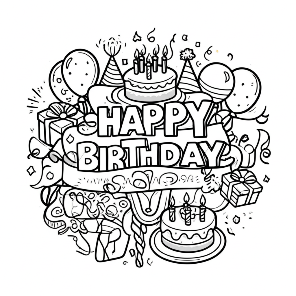 Black and white line art coloring page featuring 'Happy Birthday' banner, balloons, cake, presents, and confetti