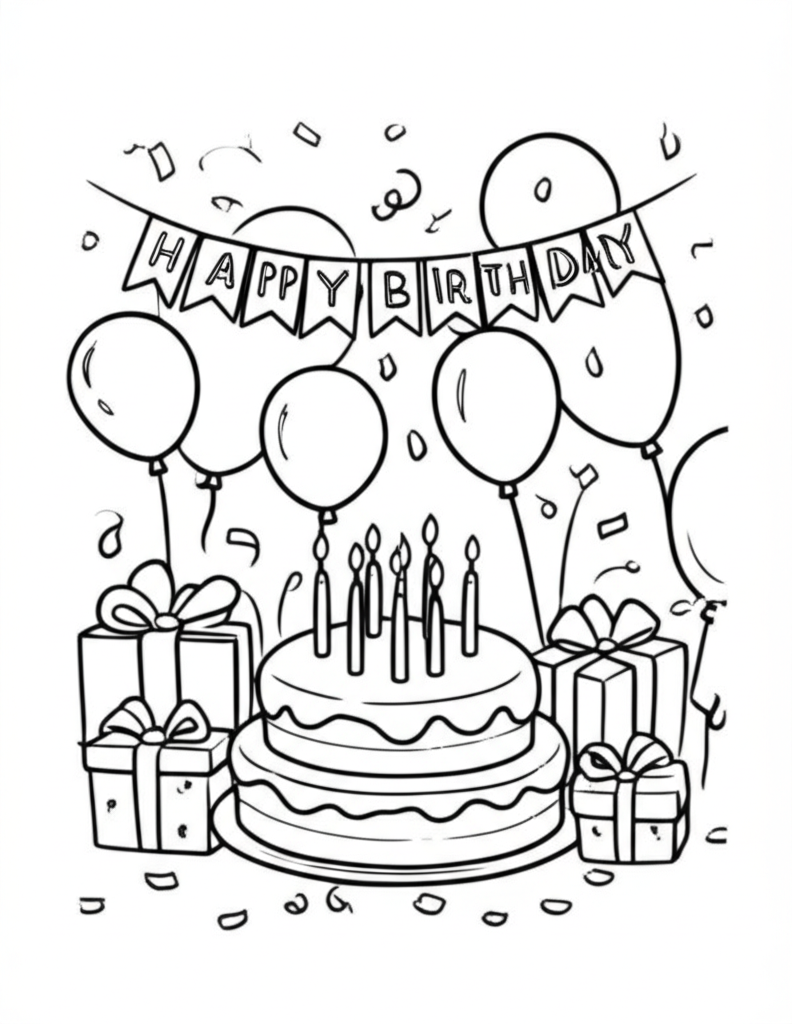 Black and white cartoon birthday party coloring page with cake, balloons, and presents