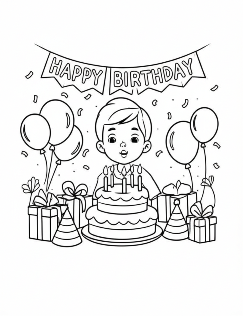 Black and white cartoon illustration of a festive birthday party with a cake, balloons, presents, and a child blowing out candles