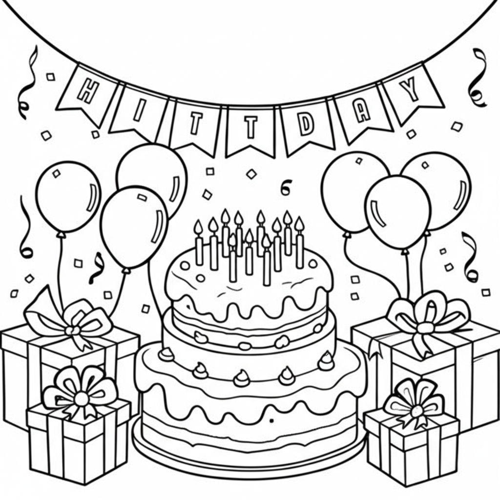 Black and white line art of a festive birthday party scene with cake, balloons, and presents for kids to color
