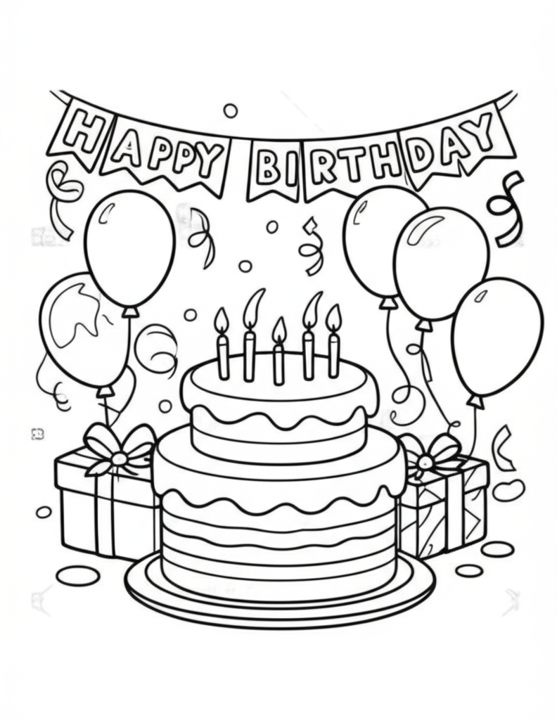 Black and white birthday party coloring page with cake, balloons, and presents for toddlers